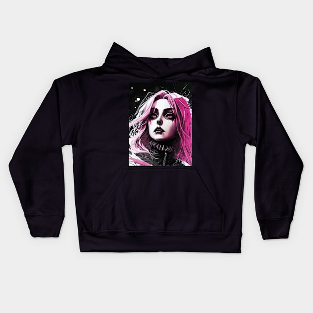 The Art of Minimalism: Exploring Black and White Anime Girl Masterpieces Gothic Goth Fashion Dark Pink Hair Kids Hoodie by ShyPixels Arts